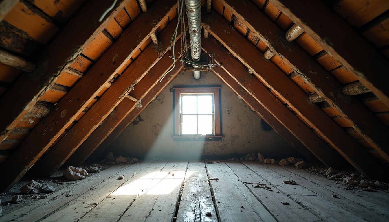 A dilapidated attic showing signs of neglect and structural concerns. A dilapidated attic showing signs of neglect and structural concerns.