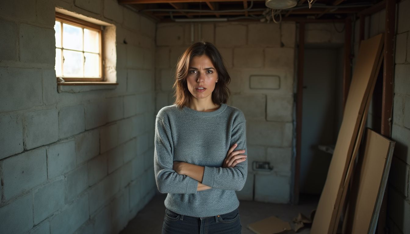 A concerned woman observes hazardous exposed electrical wiring in a basement. A concerned woman observes hazardous exposed electrical wiring in a basement.