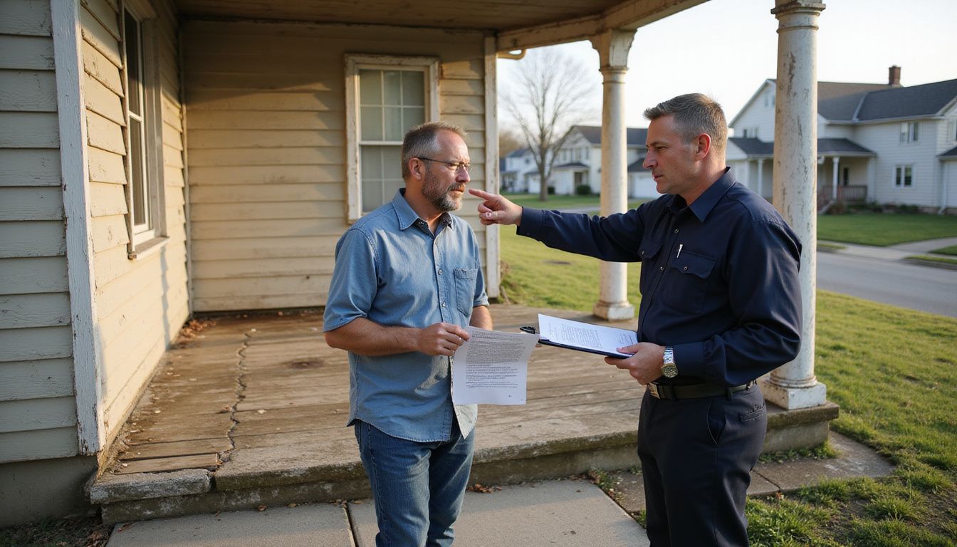 A homeowner receives an inspection notice regarding their deteriorating porch. A homeowner receives an inspection notice regarding their deteriorating porch.