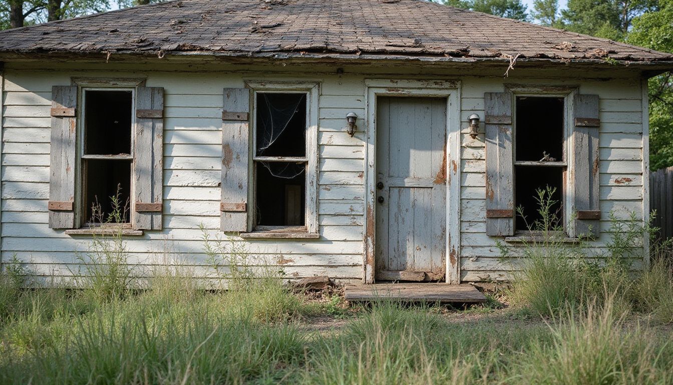 Neglected property overrun with weeds and signs of decay.