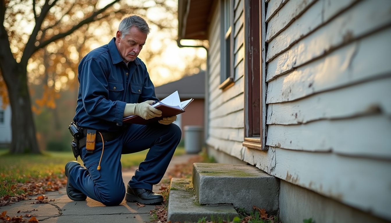 A local inspector examines a dilapidated suburban house for safety issues. A local inspector examines a dilapidated suburban house for safety issues.