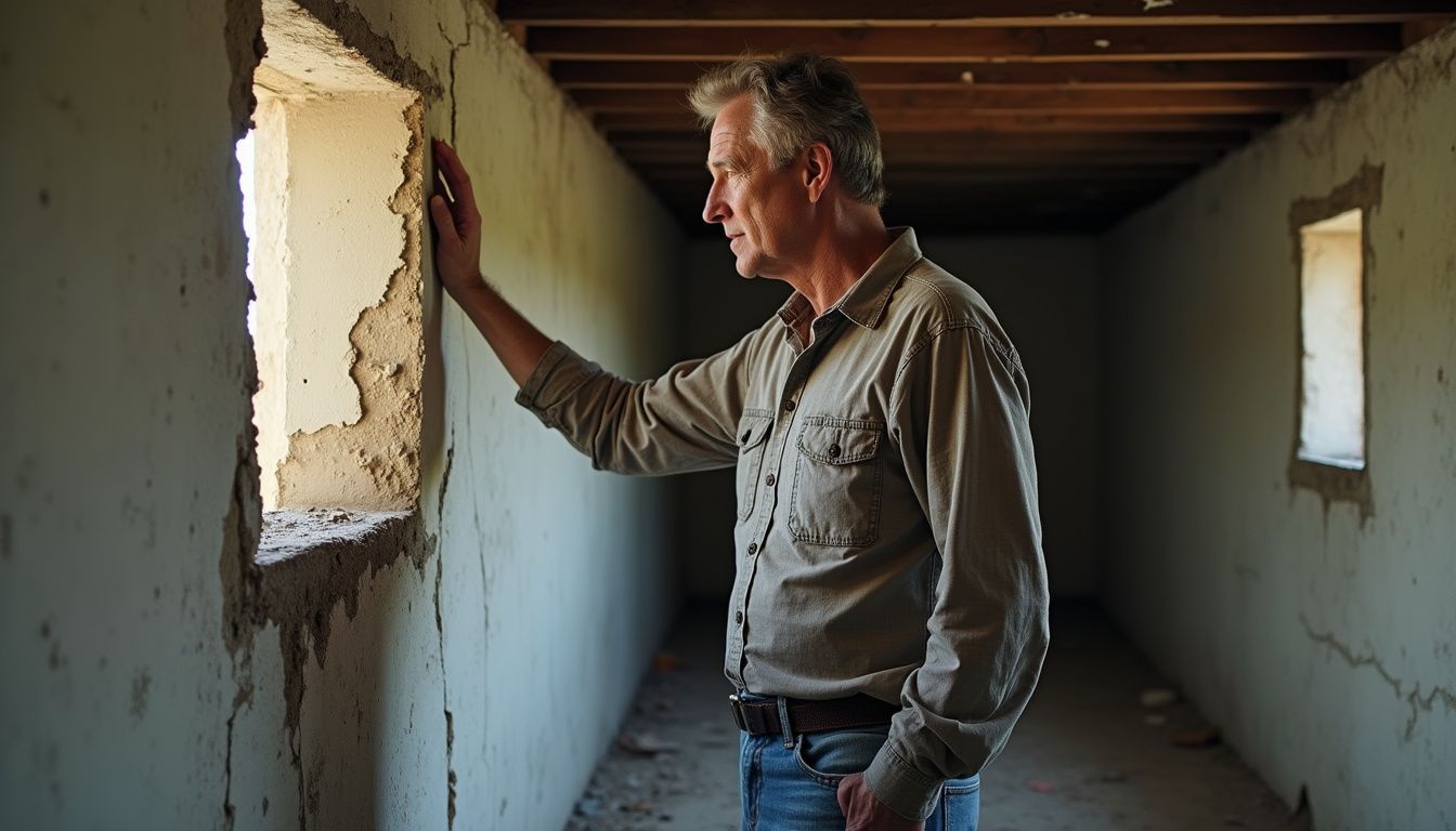 A man inspects a jagged crack in a basement wall. A man inspects a jagged crack in a basement wall.