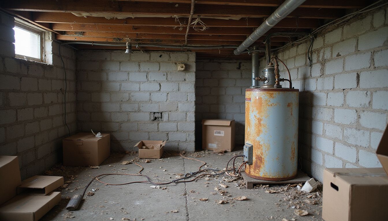 A cluttered, neglected basement showcasing signs of water damage and disrepair. A cluttered, neglected basement showcasing signs of water damage and disrepair.