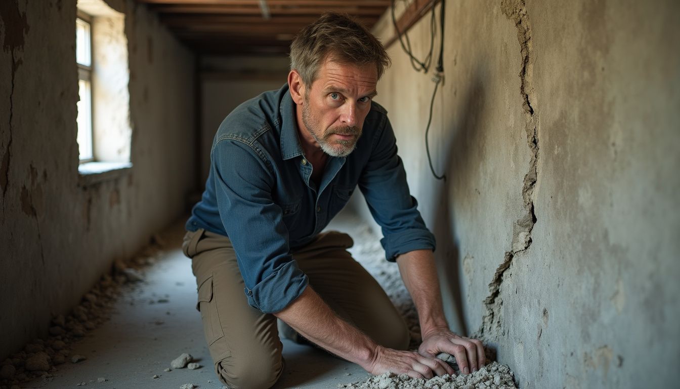 A man inspects a large crack in a basement's concrete foundation. A man inspects a large crack in a basement's concrete foundation.