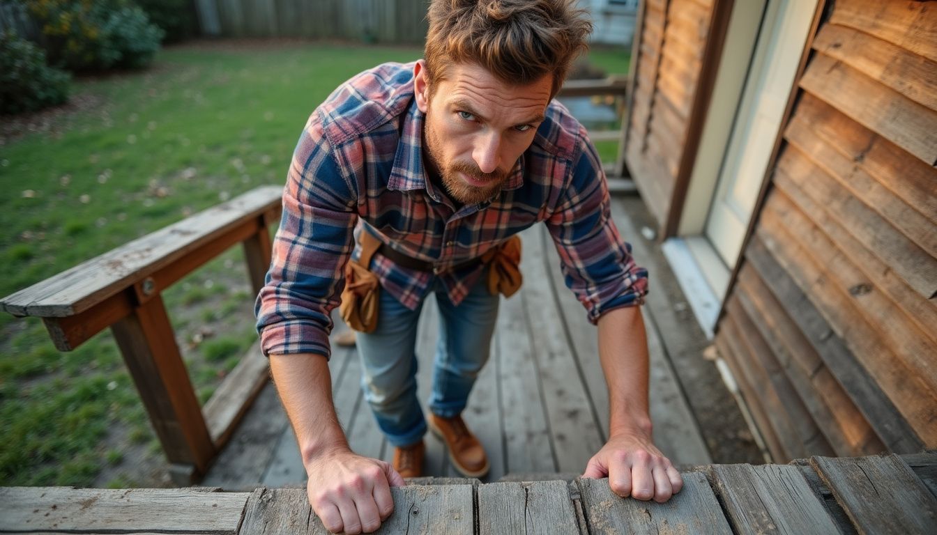 A man inspects a deteriorating wooden deck with focused concern. A man inspects a deteriorating wooden deck with focused concern.