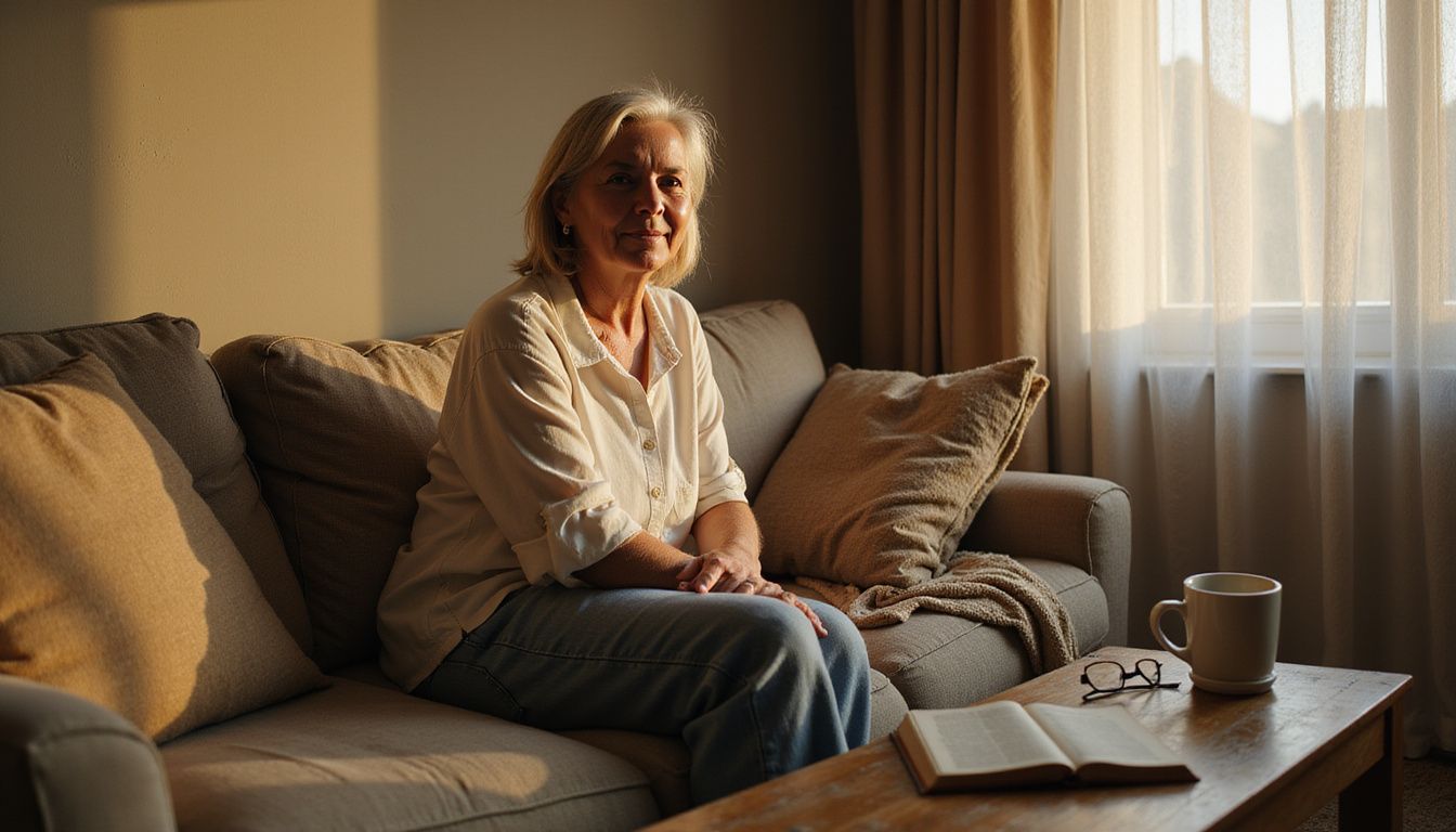 A middle-aged woman relaxes on a cozy, well-worn sofa. A middle-aged woman relaxes on a cozy, well-worn sofa.