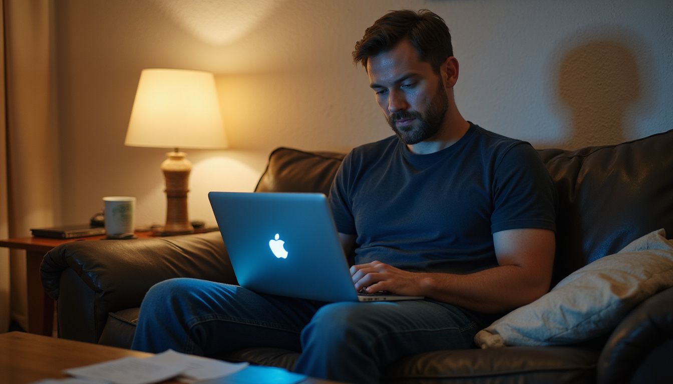 A focused man works on his laptop while seated on a sofa. A focused man works on his laptop while seated on a sofa.