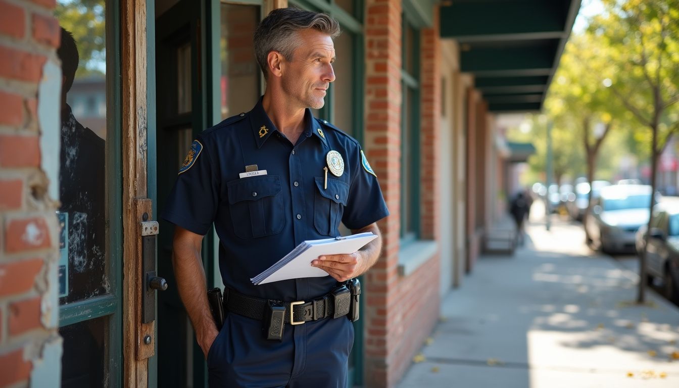 A code enforcement officer inspects a commercial building's exterior details. A code enforcement officer inspects a commercial building's exterior details.