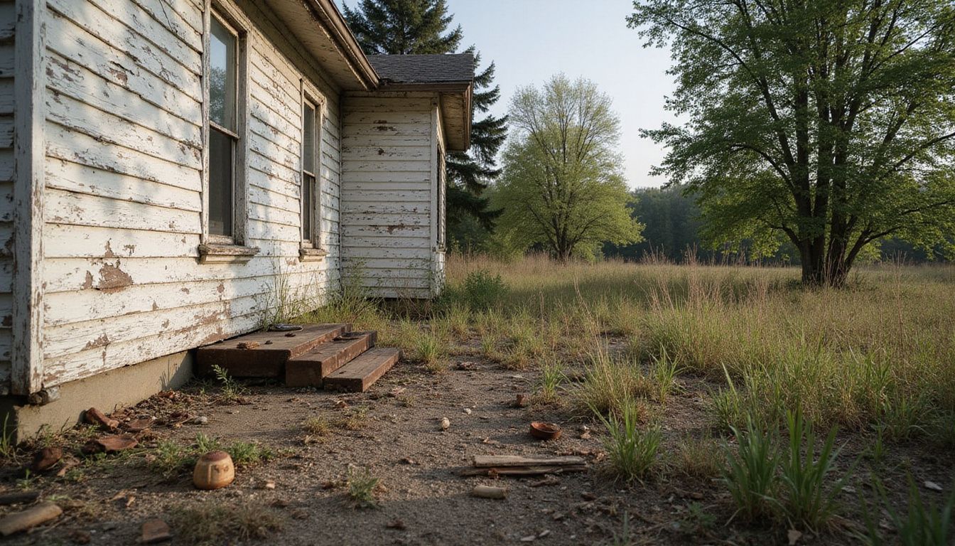 A weathered, abandoned house surrounded by overgrown grass and debris. A weathered, abandoned house surrounded by overgrown grass and debris.