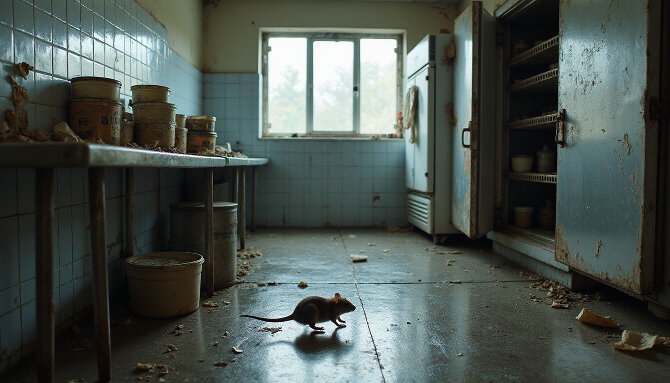 A cluttered, worn restaurant kitchen with a quick brown mouse.