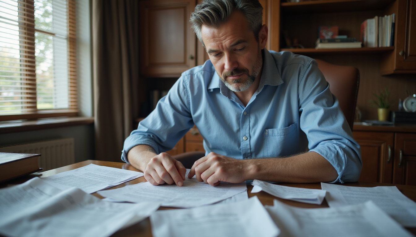 A focused middle-aged man reviews legal documents at a wooden desk. A focused middle-aged man reviews legal documents at a wooden desk.