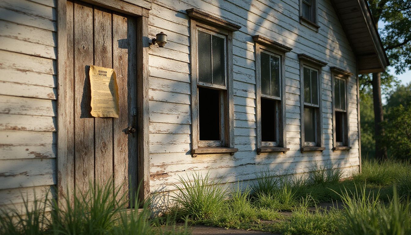 An abandoned house with peeling paint and a crumpled eviction notice. An abandoned house with peeling paint and a crumpled eviction notice.