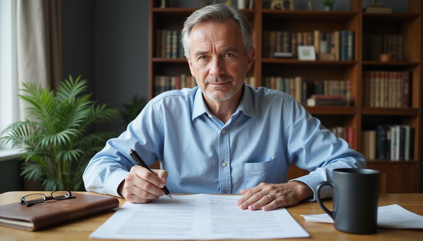 A focused middle-aged man reviews official property documents at his desk.