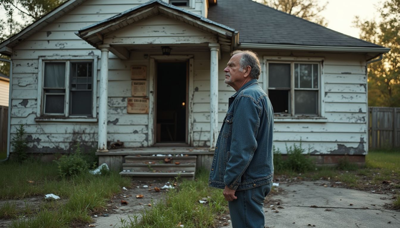 A distressed homeowner surveys his neglected, code-violating property. A distressed homeowner surveys his neglected, code-violating property.