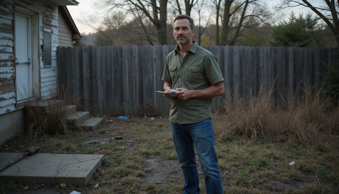 A focused man inspects a neglected, overgrown backyard.
