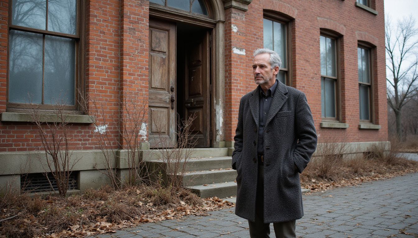 A weathered city hall building stands neglected, surrounded by overgrown weeds.