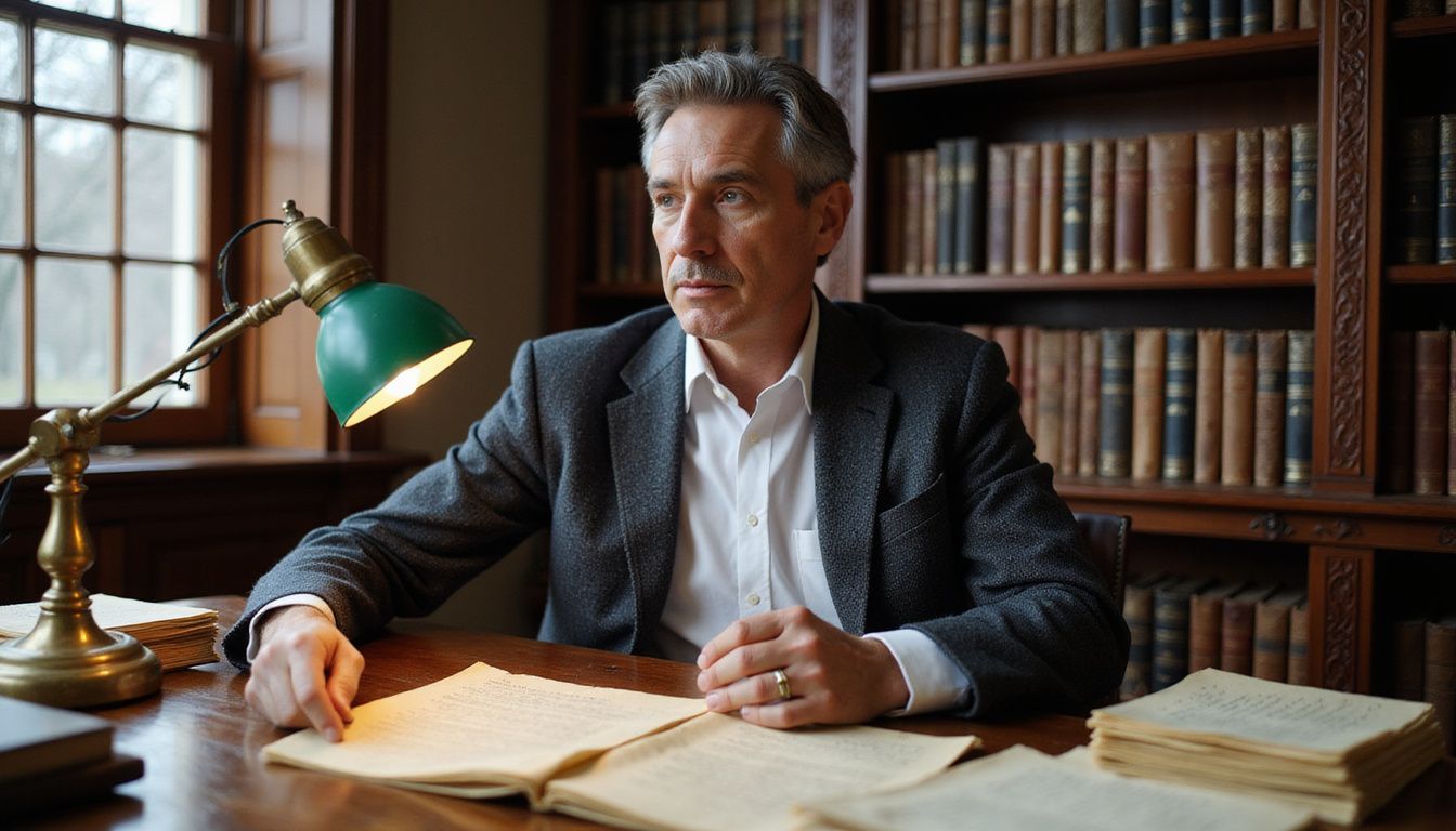 A middle-aged man discusses property deeds in a vintage office.
