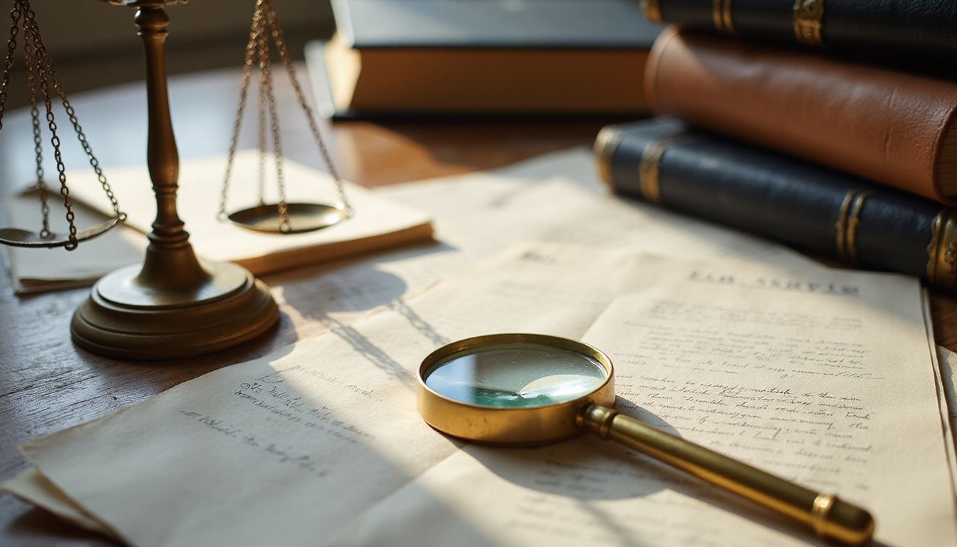 A cluttered office desk with legal documents and a scale of justice.