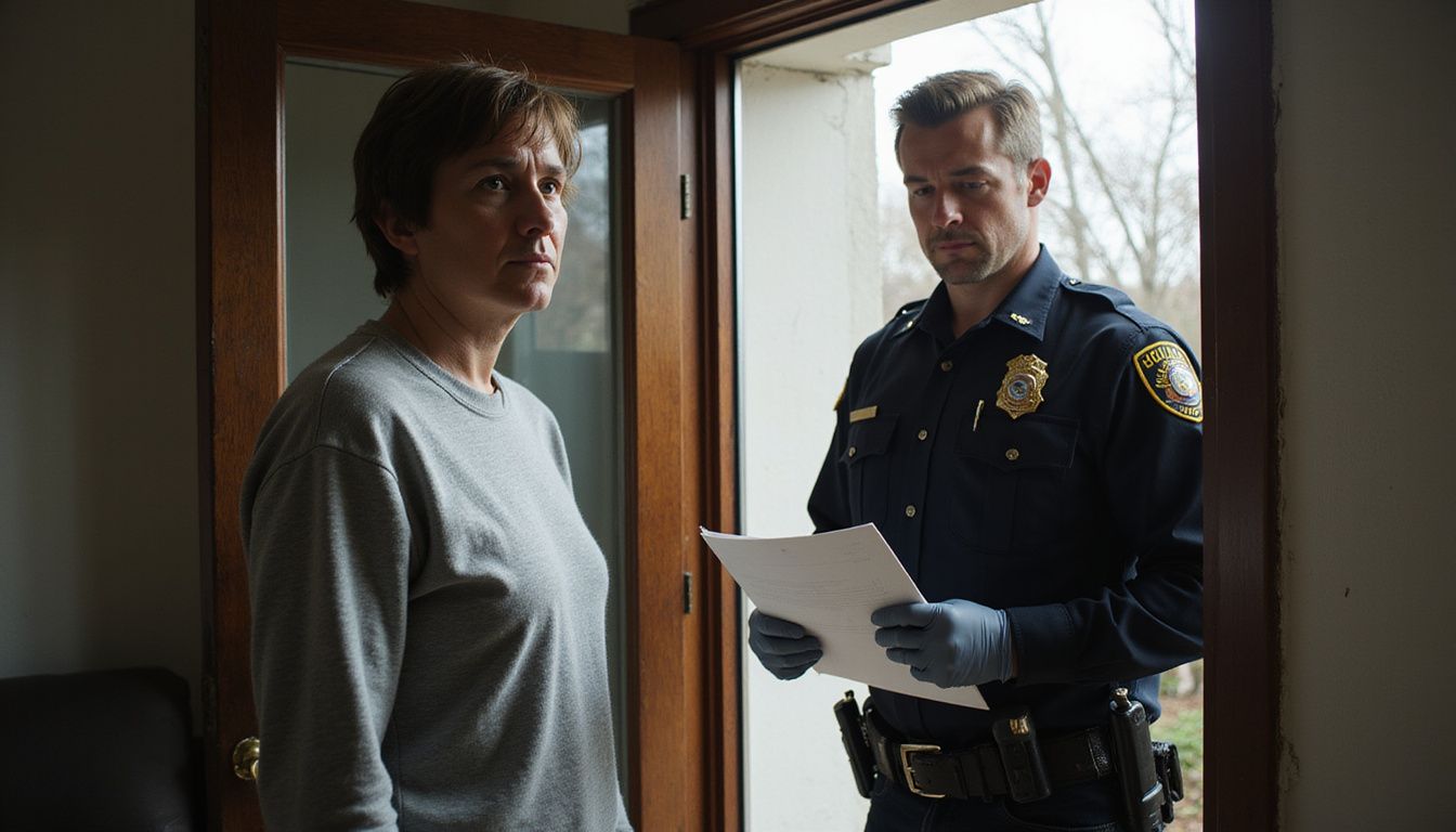 A worried homeowner stands by a window facing a police officer.