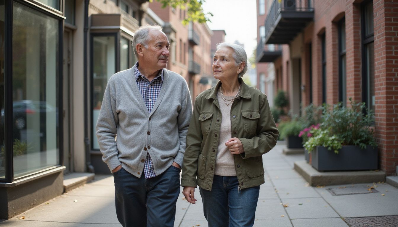 An elderly couple strolls together down a lively urban street. An elderly couple strolls together down a lively urban street.