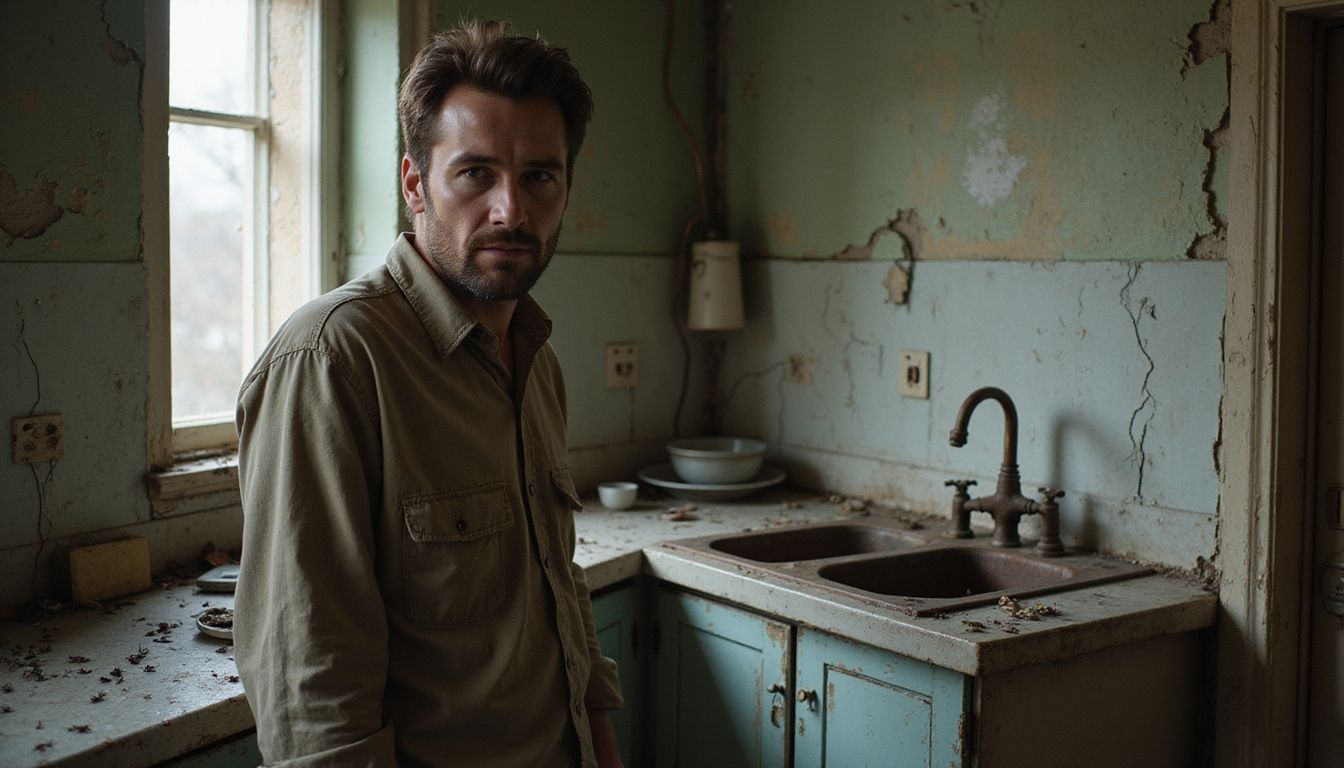 A weary man stands in a cluttered, neglected kitchen.
