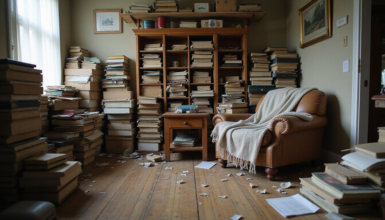 A cluttered room filled with worn furniture and assorted belongings.