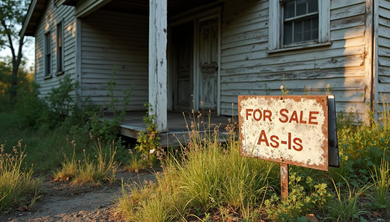 An aging wooden house with overgrown yard and 'For Sale' sign.