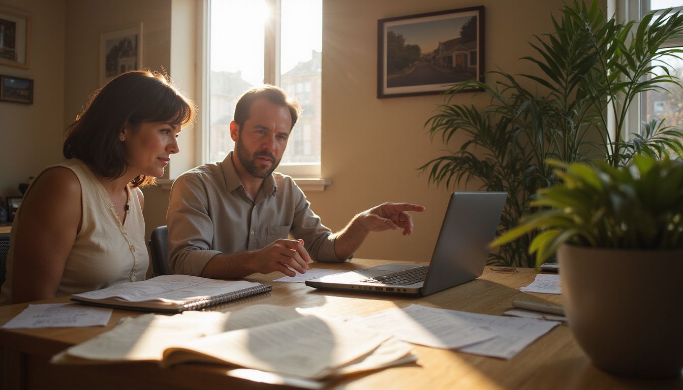 A couple collaborates at a desk, discussing real estate listings.