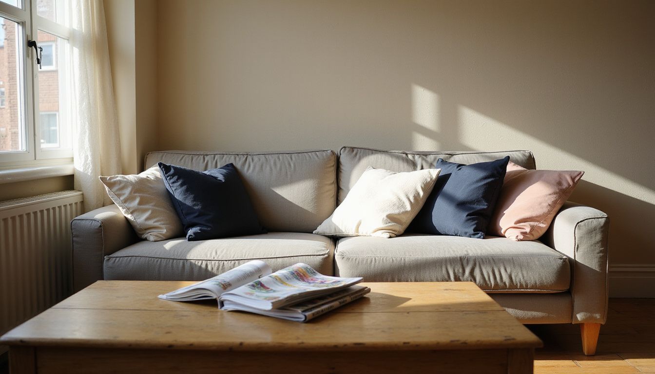 Cozy, lived-in living room with worn furniture and magazines.