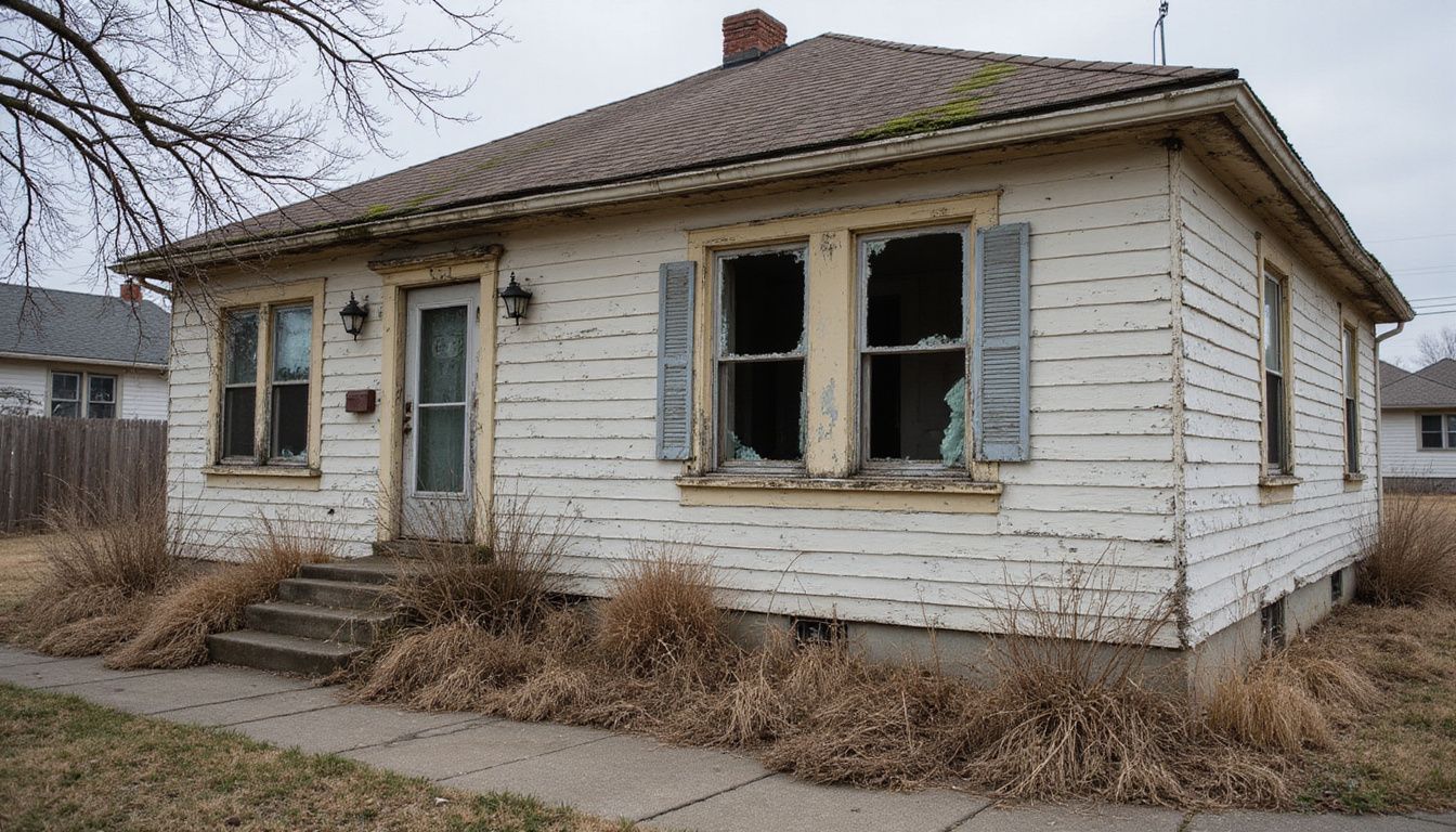 Neglected rental property shows signs of severe deterioration and abandonment. Neglected rental property shows signs of severe deterioration and abandonment.