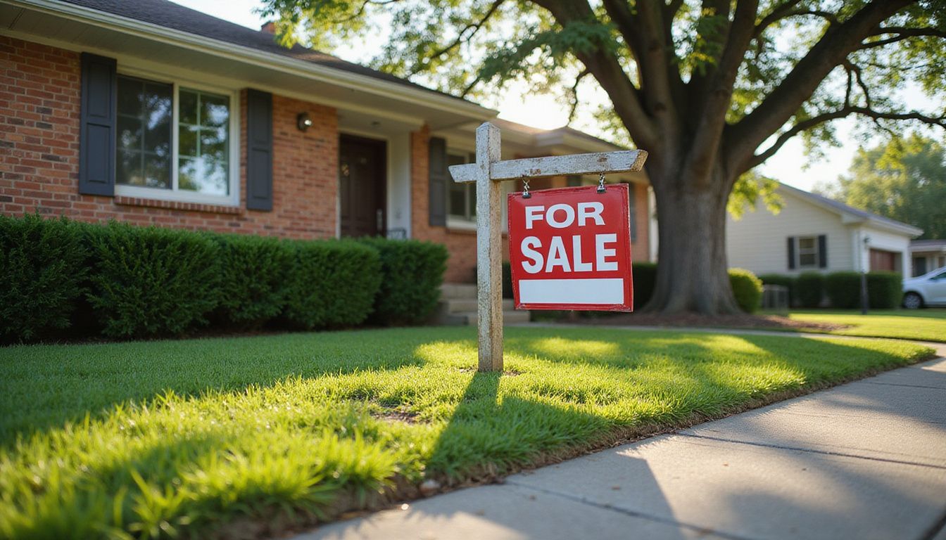 A charming suburban home with a well-kept yard and 'For Sale' sign.