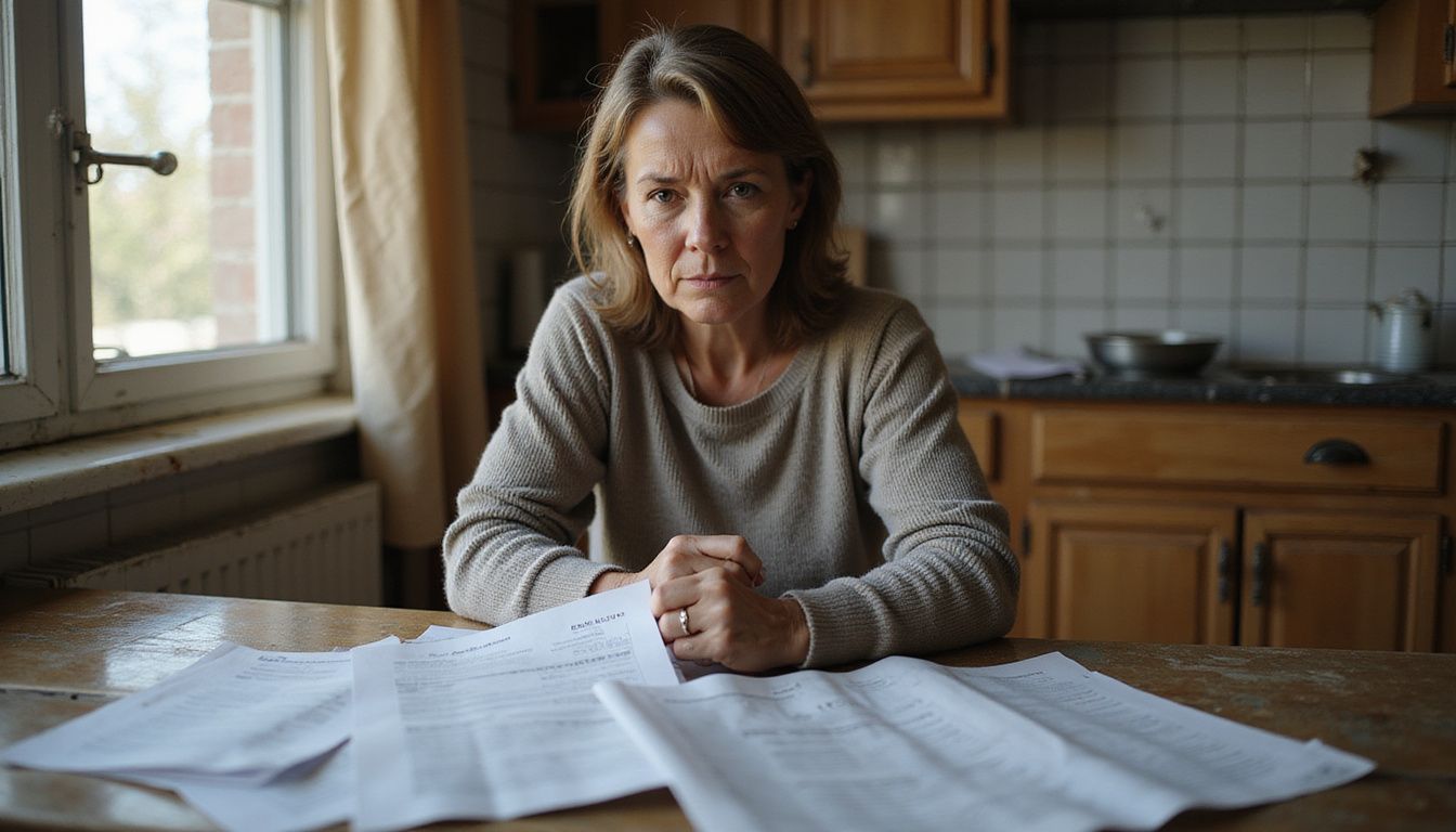 A woman reflects on overwhelming medical bills at her kitchen table.