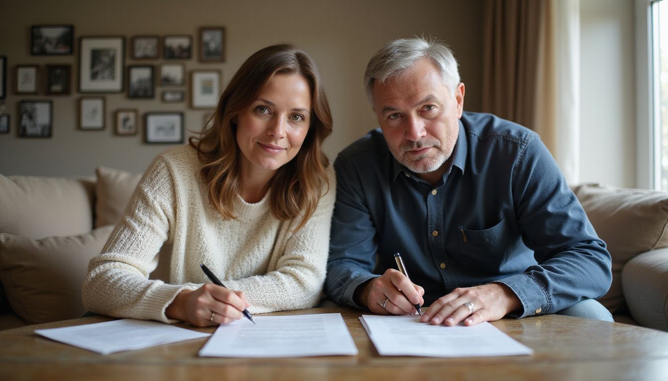 A couple signs legal documents together on a cozy sofa.