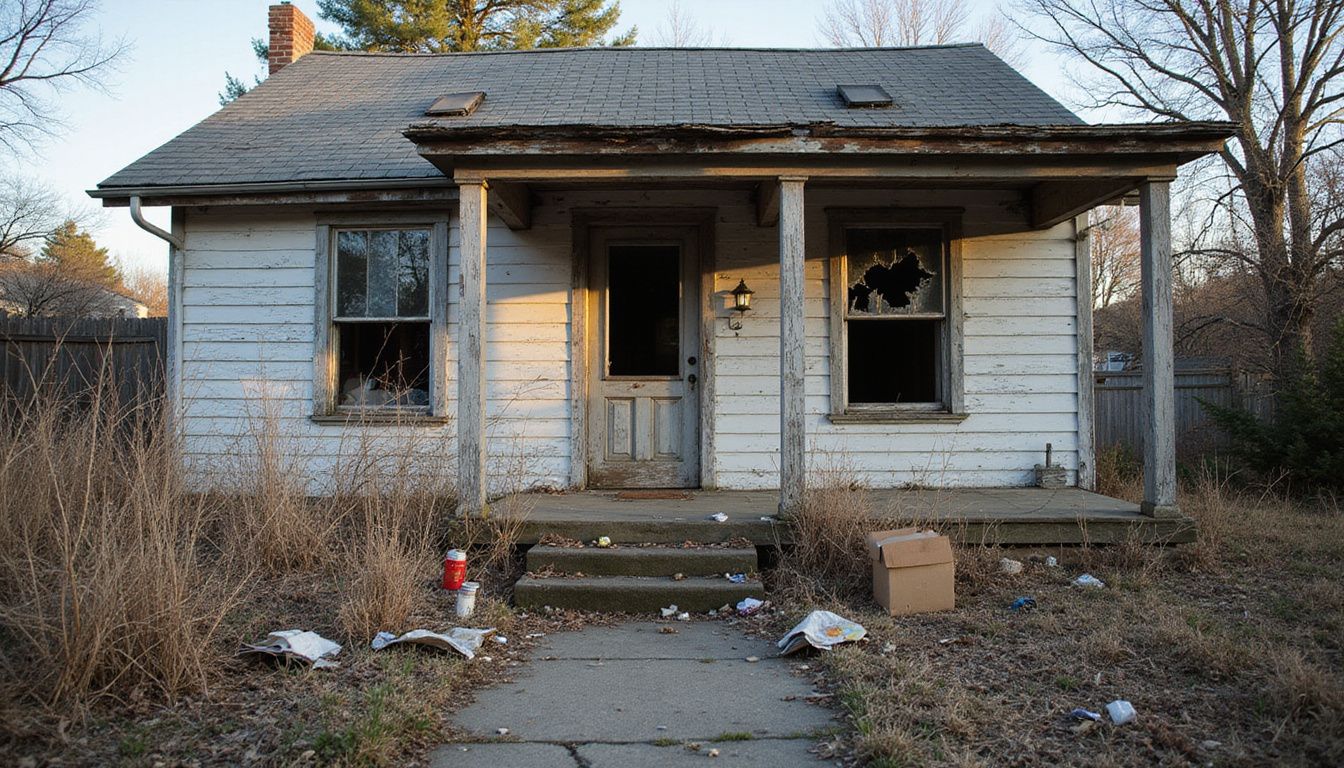 Abandoned house with peeling paint and overgrown yard in disrepair.