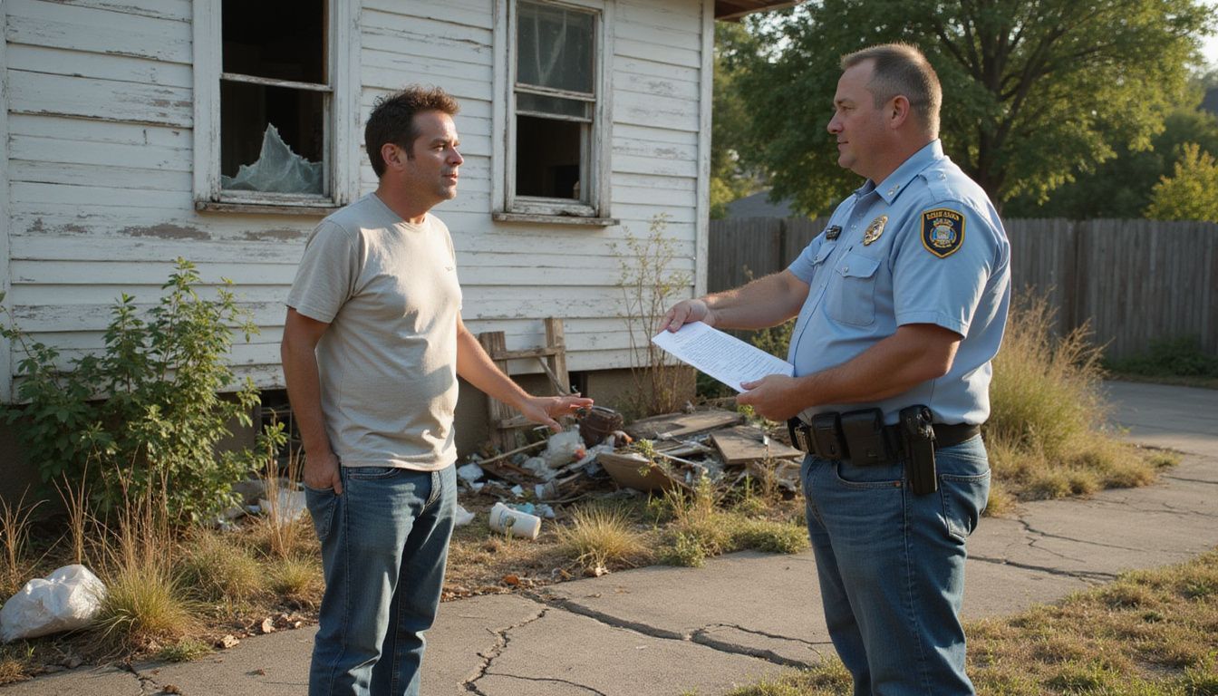 A homeowner receives a code violation notice in a neglected yard. A homeowner receives a code violation notice in a neglected yard.