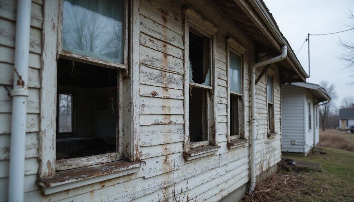 A dilapidated, abandoned house showcases years of neglect and decay.