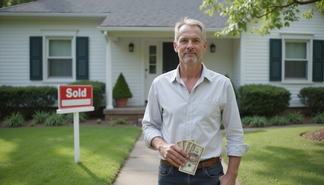 A confident individual holds money in front of a sold house.