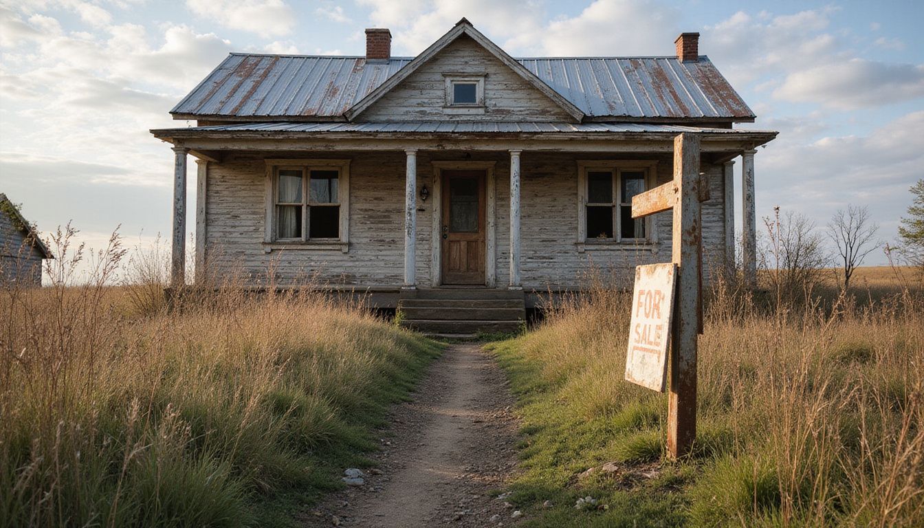 A weathered farmhouse for sale, surrounded by unkempt grass and solitude.