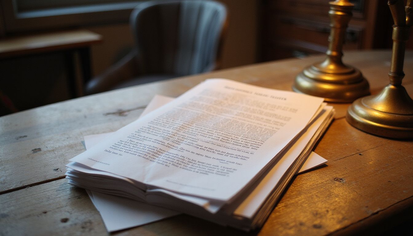 A stack of legal documents rests on a vintage oak desk.