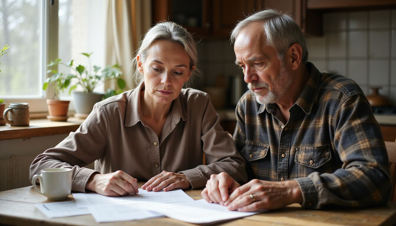 Elderly couple discusses financial concerns at their kitchen table.